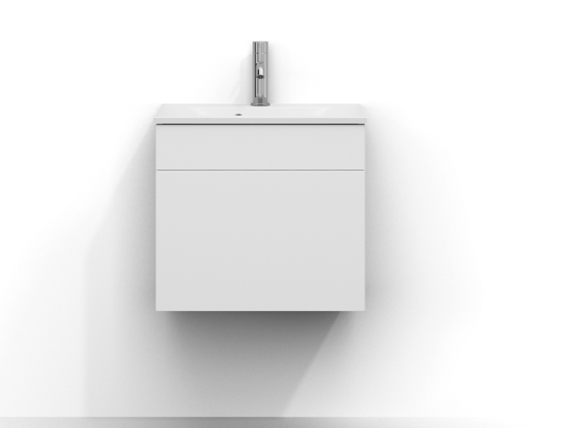 Poem vanity unit, 50 cm wide, wall-mounted, in white with one drawer without handle. White ceramic washbasin with chrome single-lever mixer mounted in the centre of the washbasin.