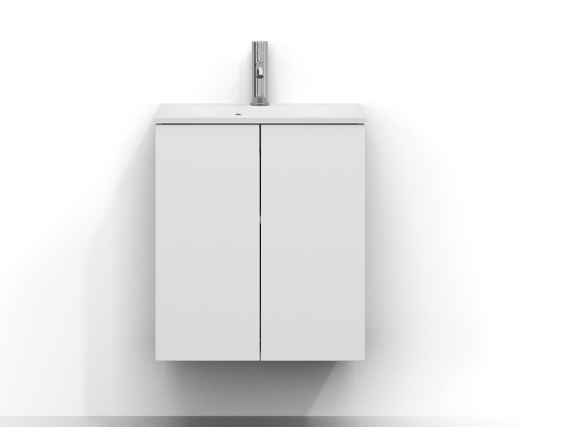 Poem vanity unit, 50 cm wide, wall-mounted, in white with two doors without handles. White ceramic washbasin with chrome single-lever mixer mounted in the centre of the washbasin.