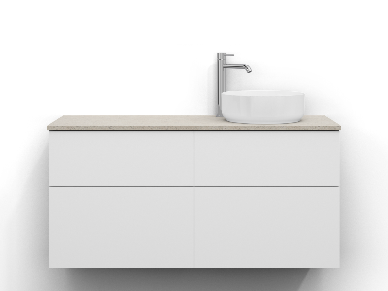 Poem vanity unit, 120 cm wide, wall-mounted, in white with four drawers without handles. Quartz work top 120 cm in a grey, sand-coloured finish. Washbasin positioned on the right side of the worktop, chrome single-lever mixer to the left of the basin.