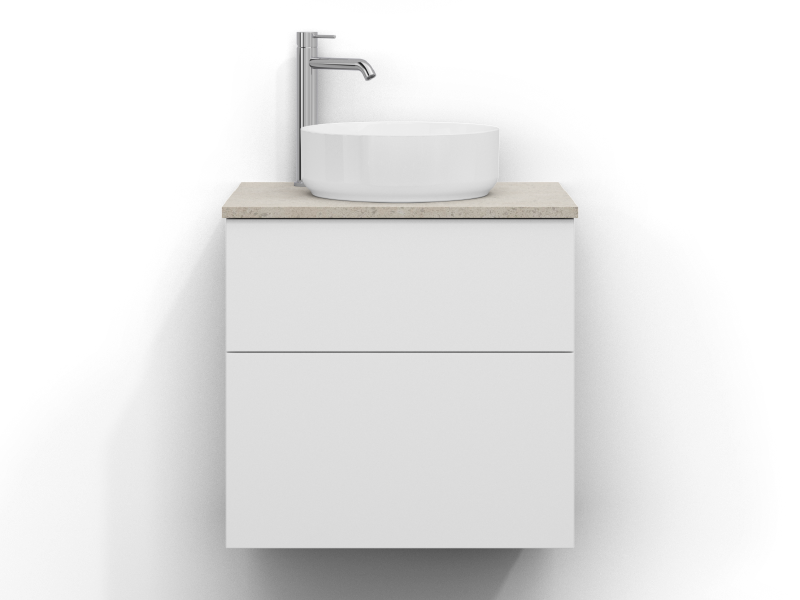 Poem vanity unit, 60 cm wide, wall-mounted, in white with two drawers without handles. Quartz work top 60 cm in a grey, sand-coloured finish. Washbasin centred on the worktop, chrome single-lever mixer to the left of the basin.