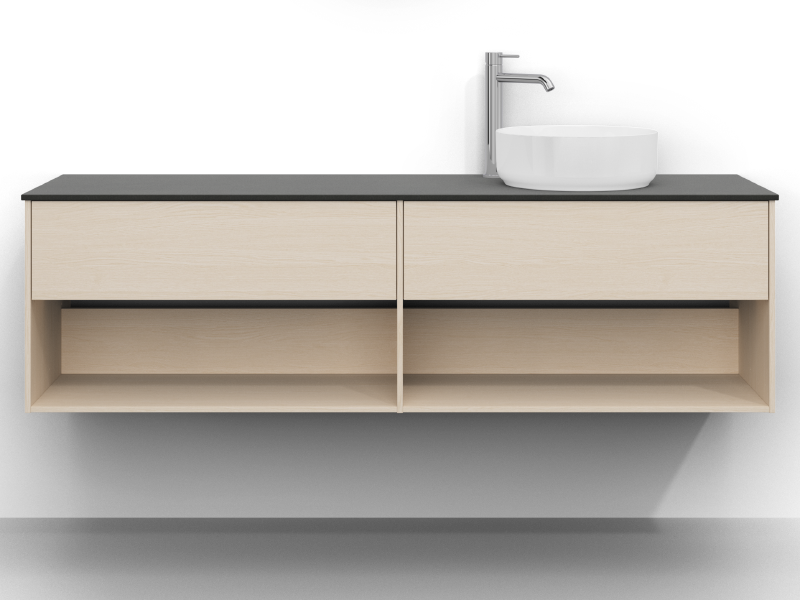 Epos vanity unit 160×45 cm in white ash with two drawers and a Plan front. Dark Feron worktop and a round white Myre basin on the right.
