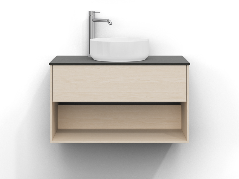 Epos vanity unit 80×45 cm in white ash with one drawer and a Plan front. Dark Feron worktop and a round white Myre basin in the centre.